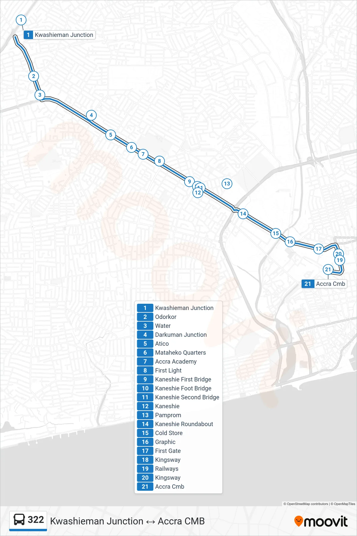 322 bus Line (Accra Cmb) route and stops on a map