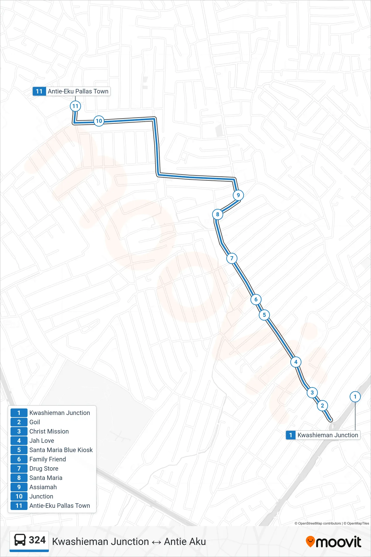 324 bus Line (Antie Aku) route and stops on a map