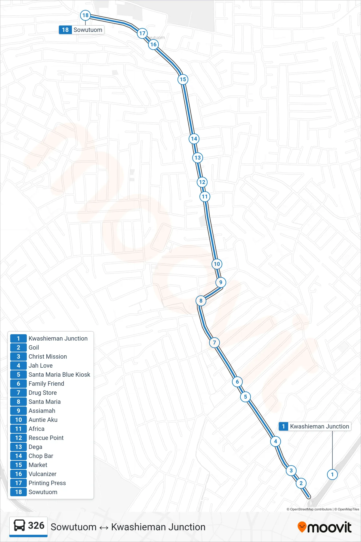 326 bus Line (Sowutuom) route and stops on a map