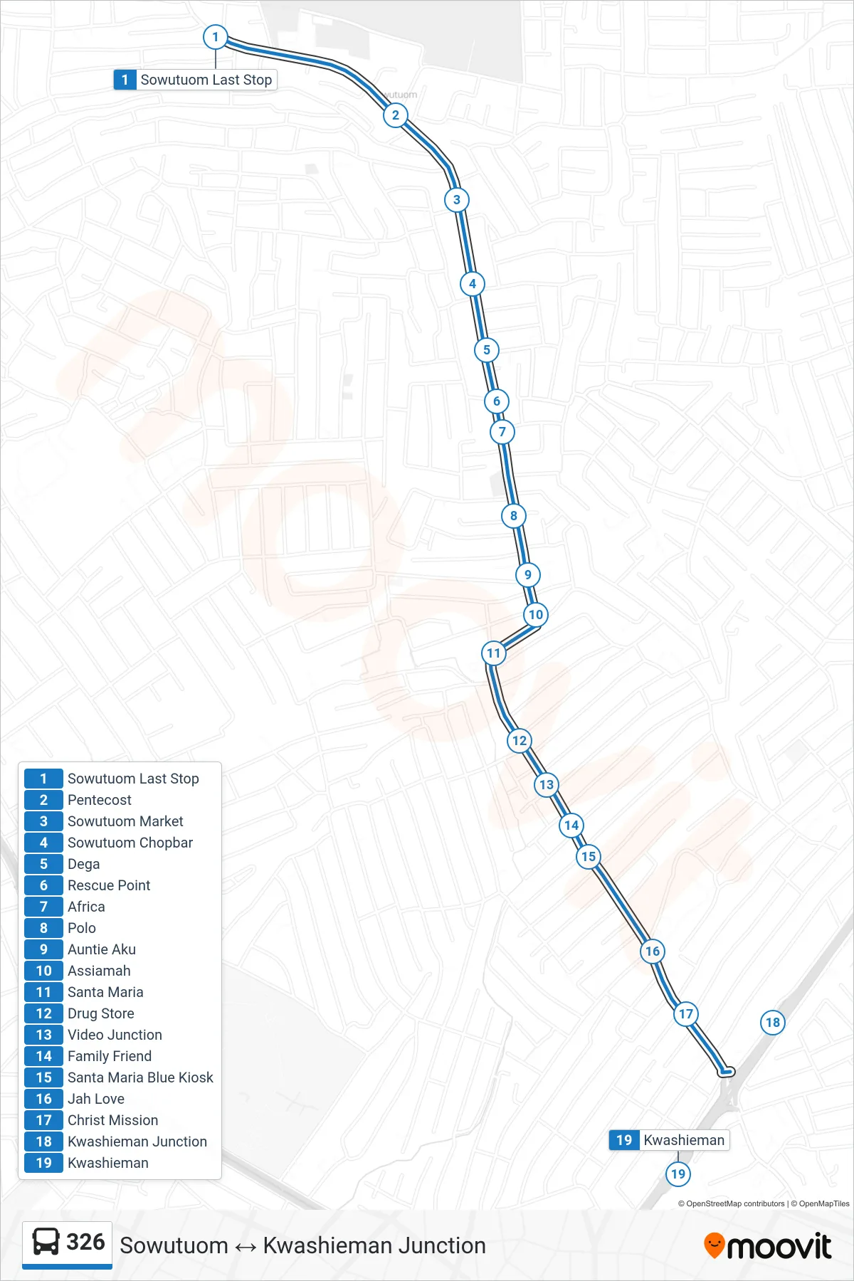 326 bus Line (Kwashieman Junction) route and stops on a map
