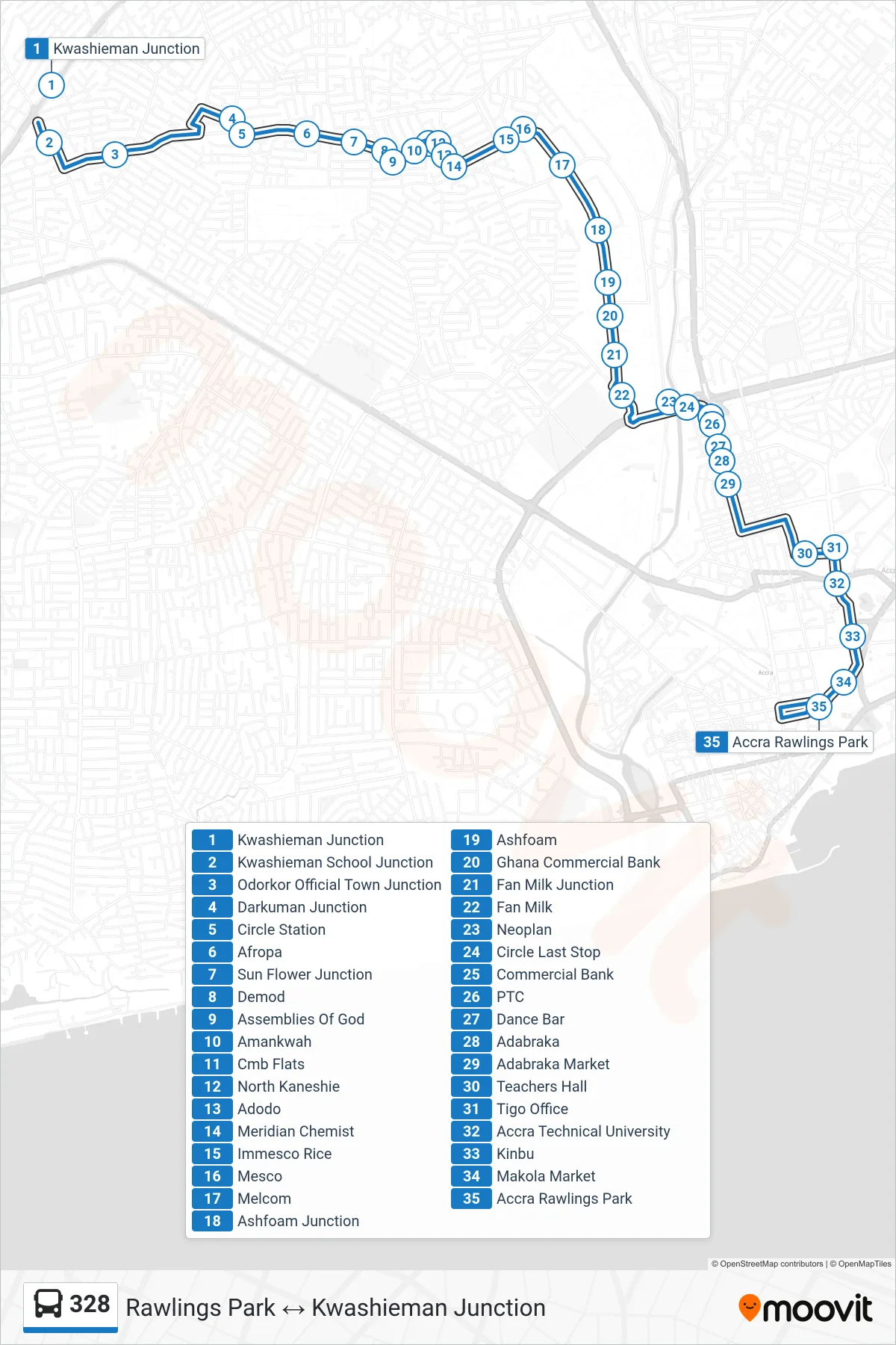 328 bus Line (Rawlings Park) route and stops on a map