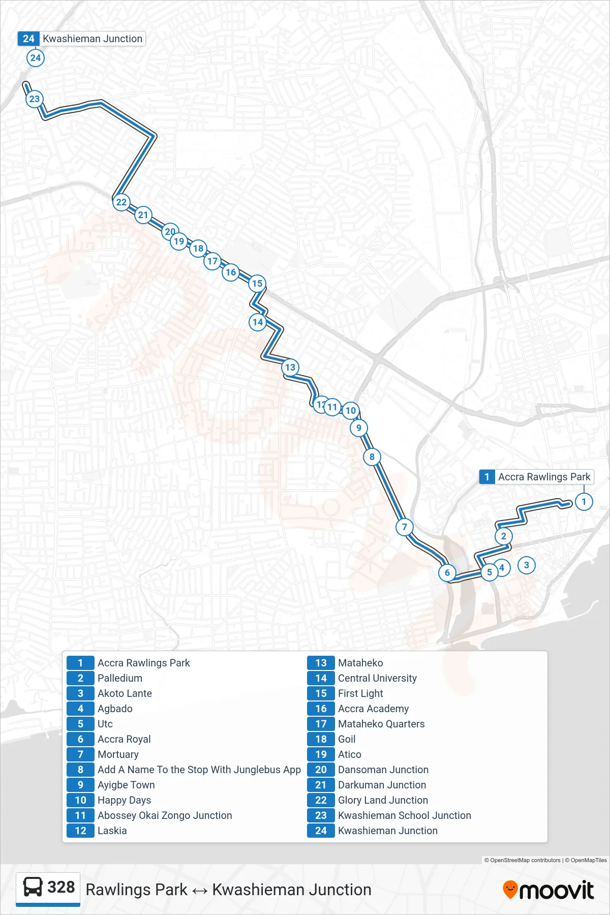 328 bus Line (Kwashieman Junction) route and stops on a map