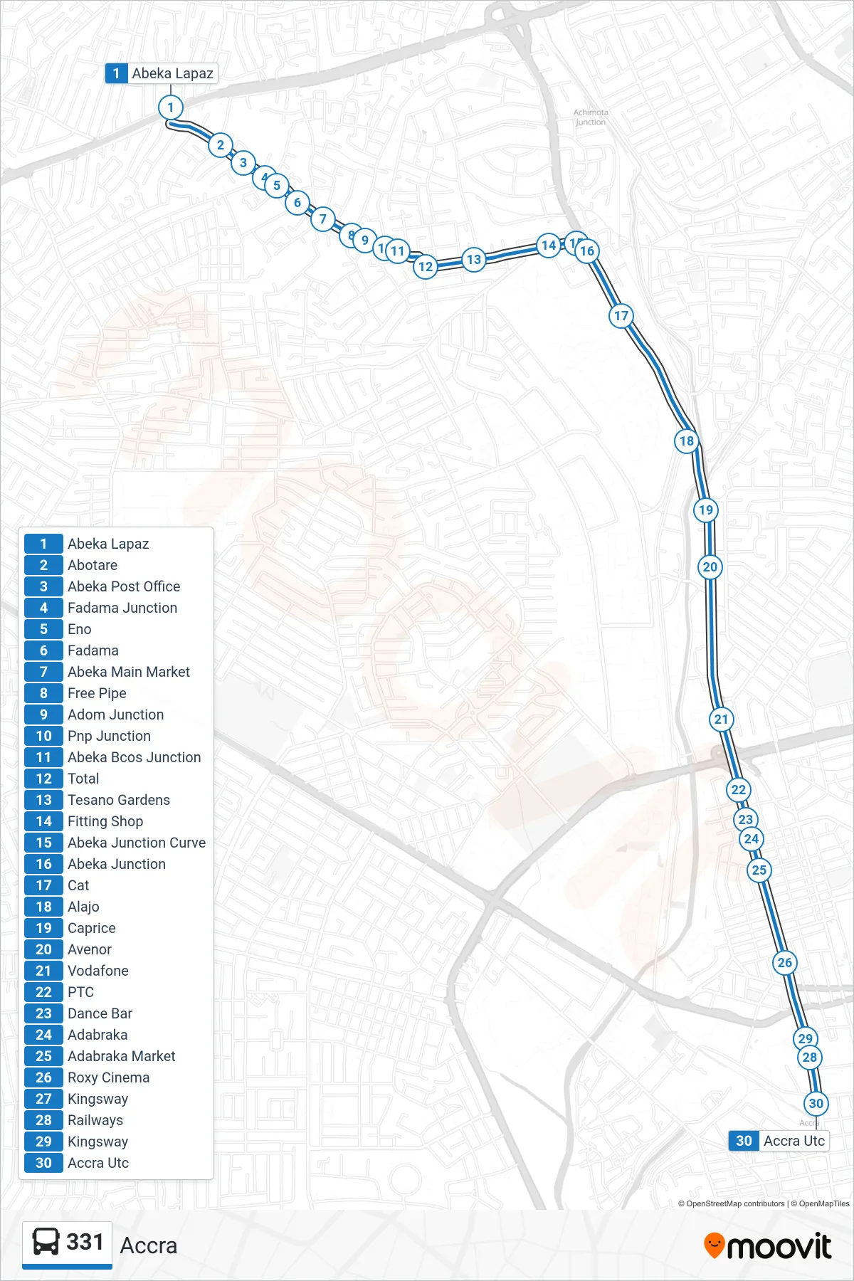 331 bus Line (Accra) route and stops on a map