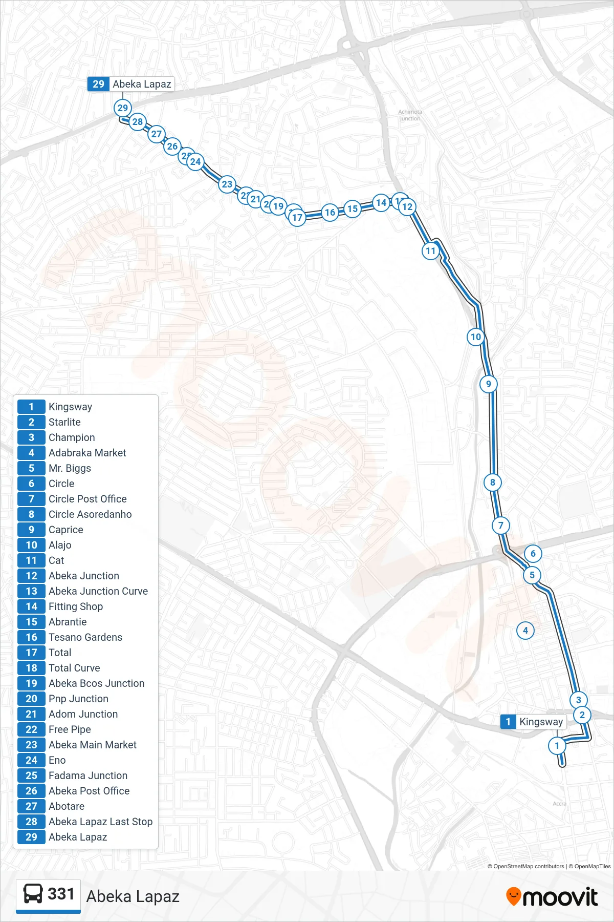 331 bus Line (Abeka Lapaz) route and stops on a map