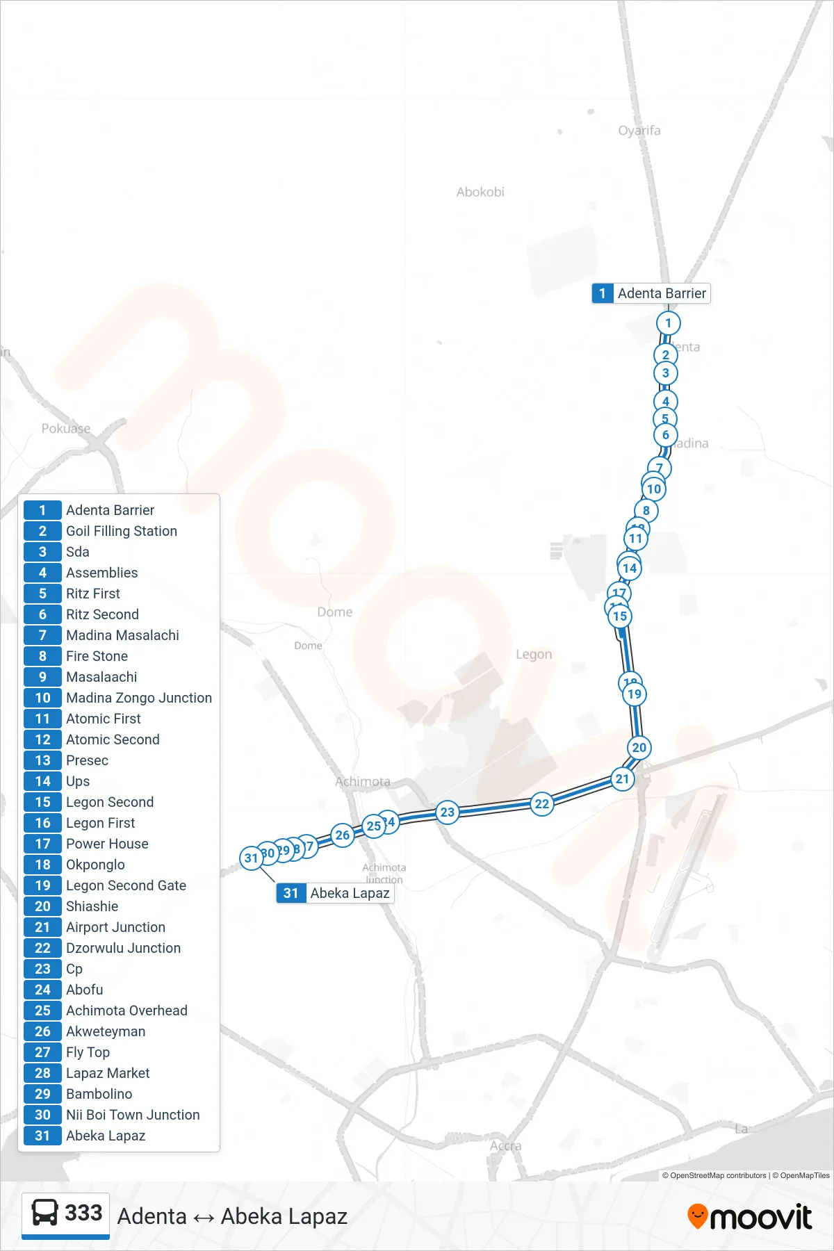 333 bus Line (Abeka Lapaz) route and stops on a map