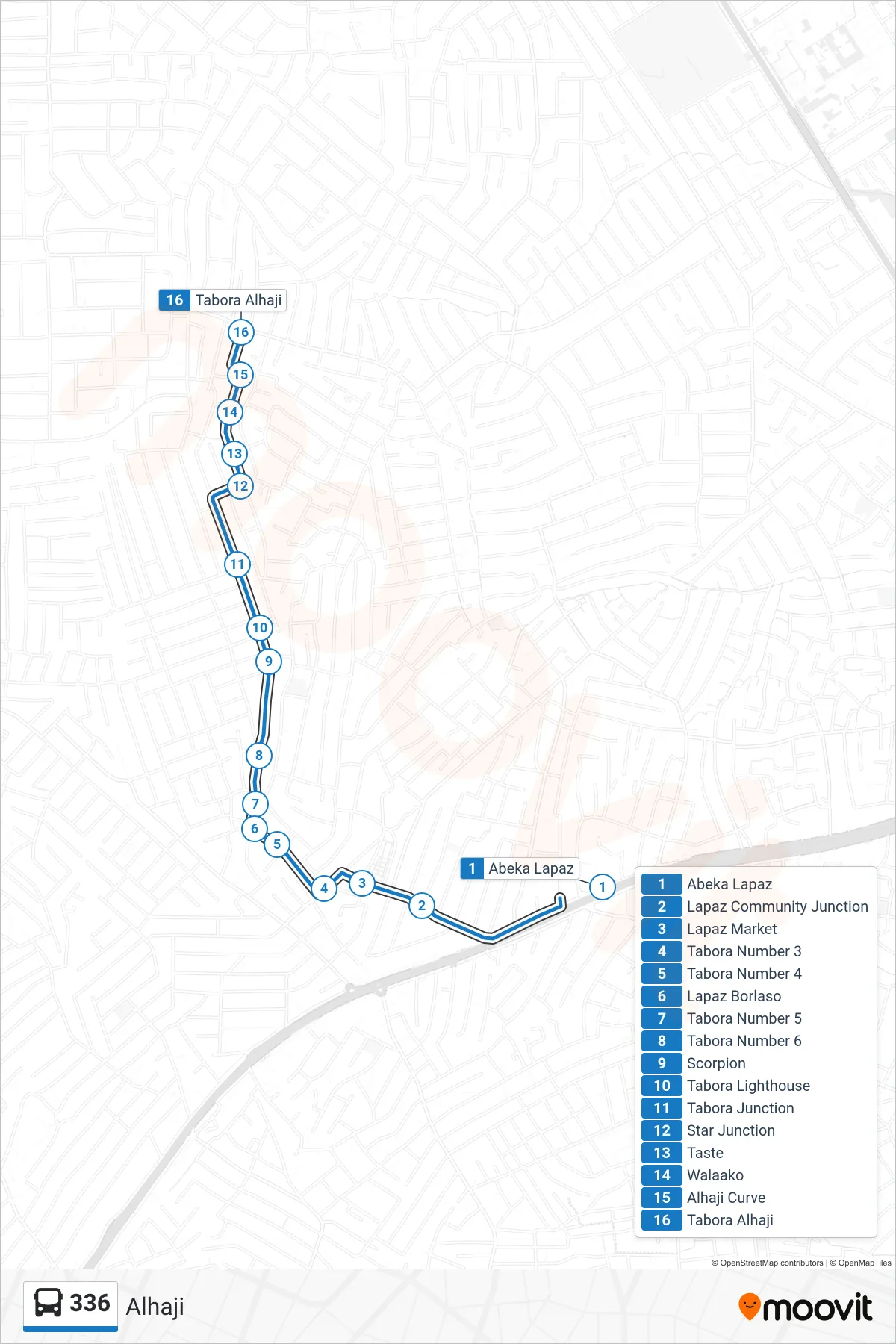 336 bus Line (Alhaji) route and stops on a map