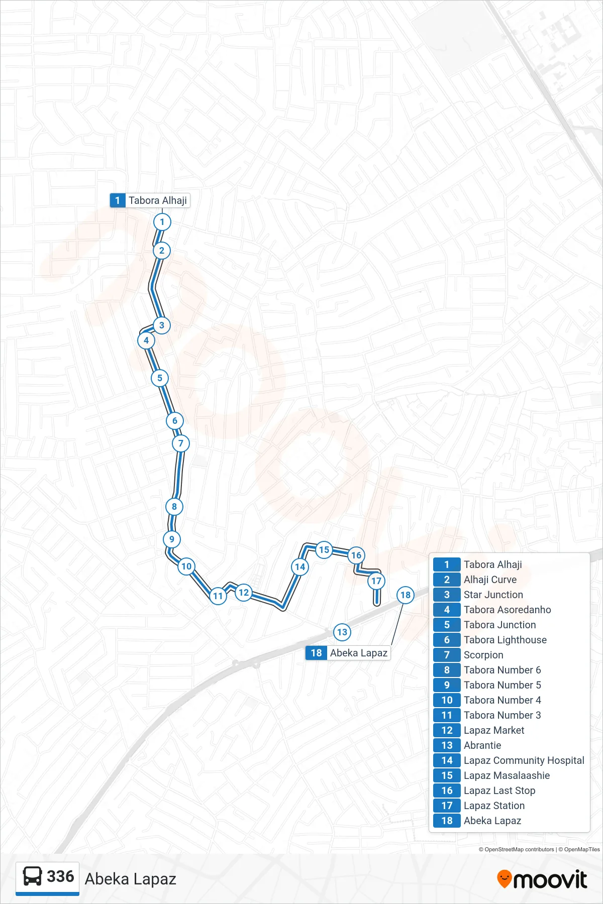 336 bus Line (Abeka Lapaz) route and stops on a map
