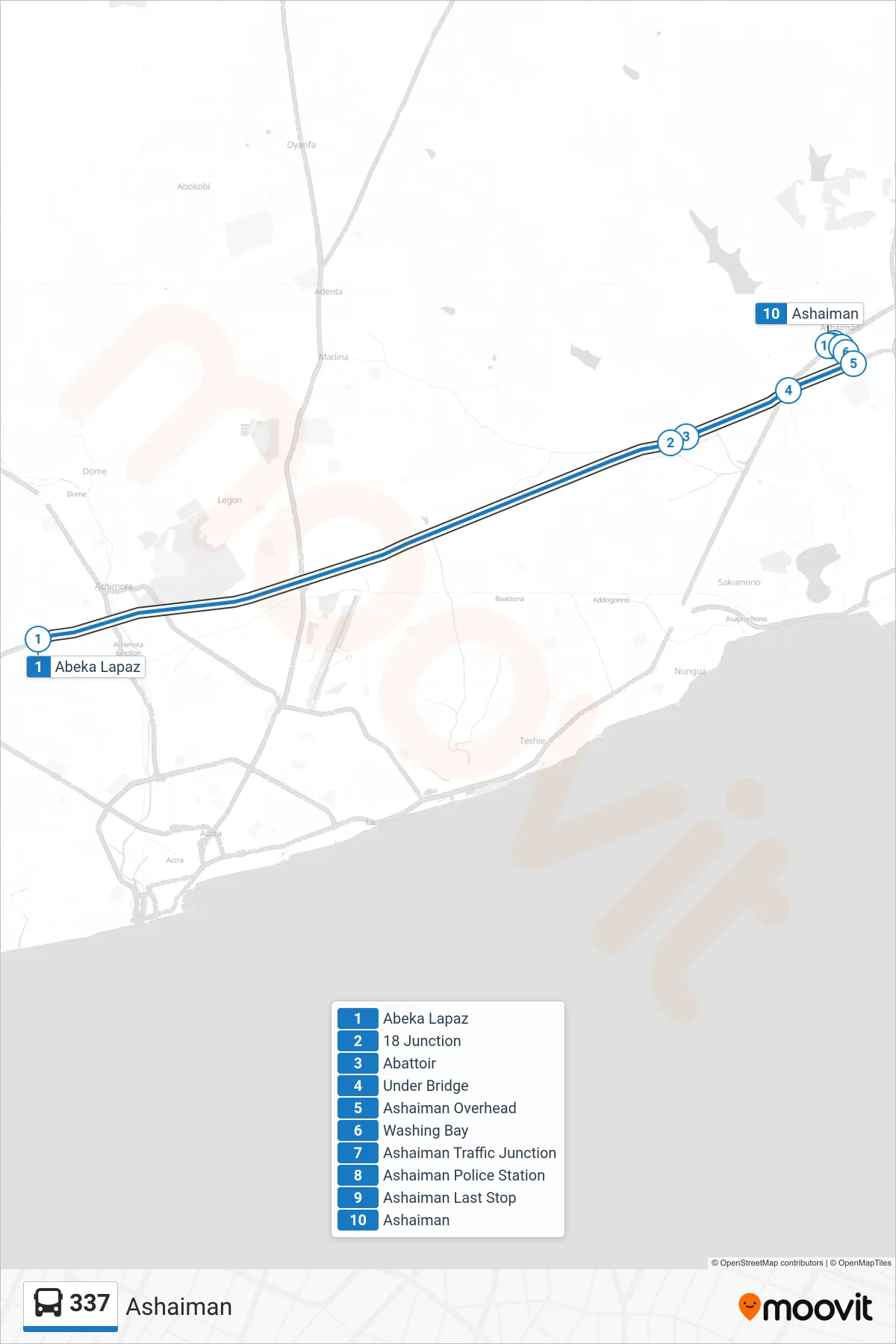 337 bus Line (Ashaiman) route and stops on a map