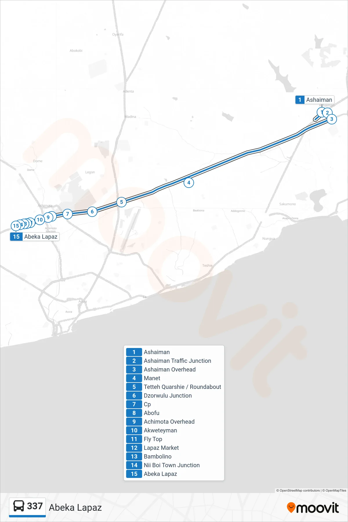 337 bus Line (Abeka Lapaz) route and stops on a map