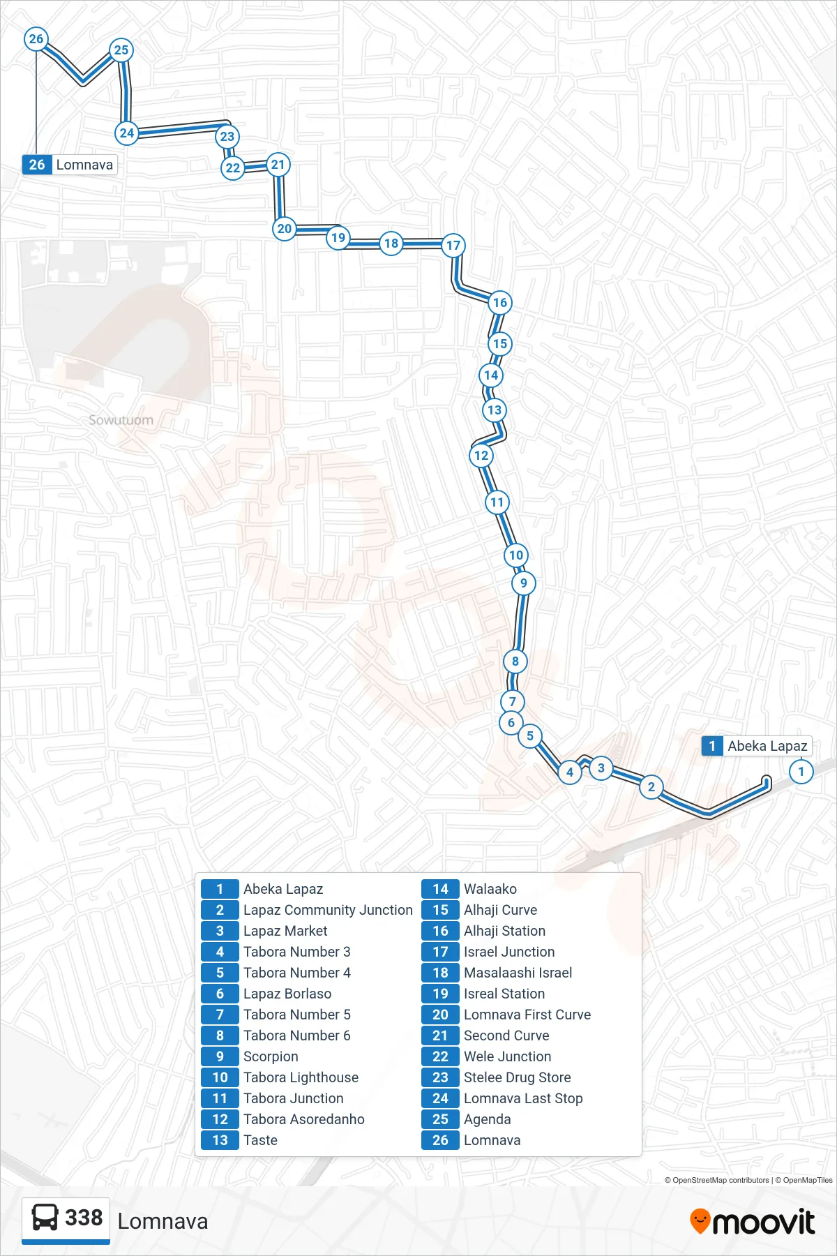 338 bus Line (Lomnava) route and stops on a map