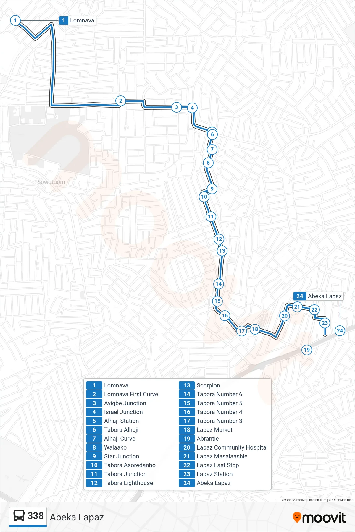 338 bus Line (Abeka Lapaz) route and stops on a map