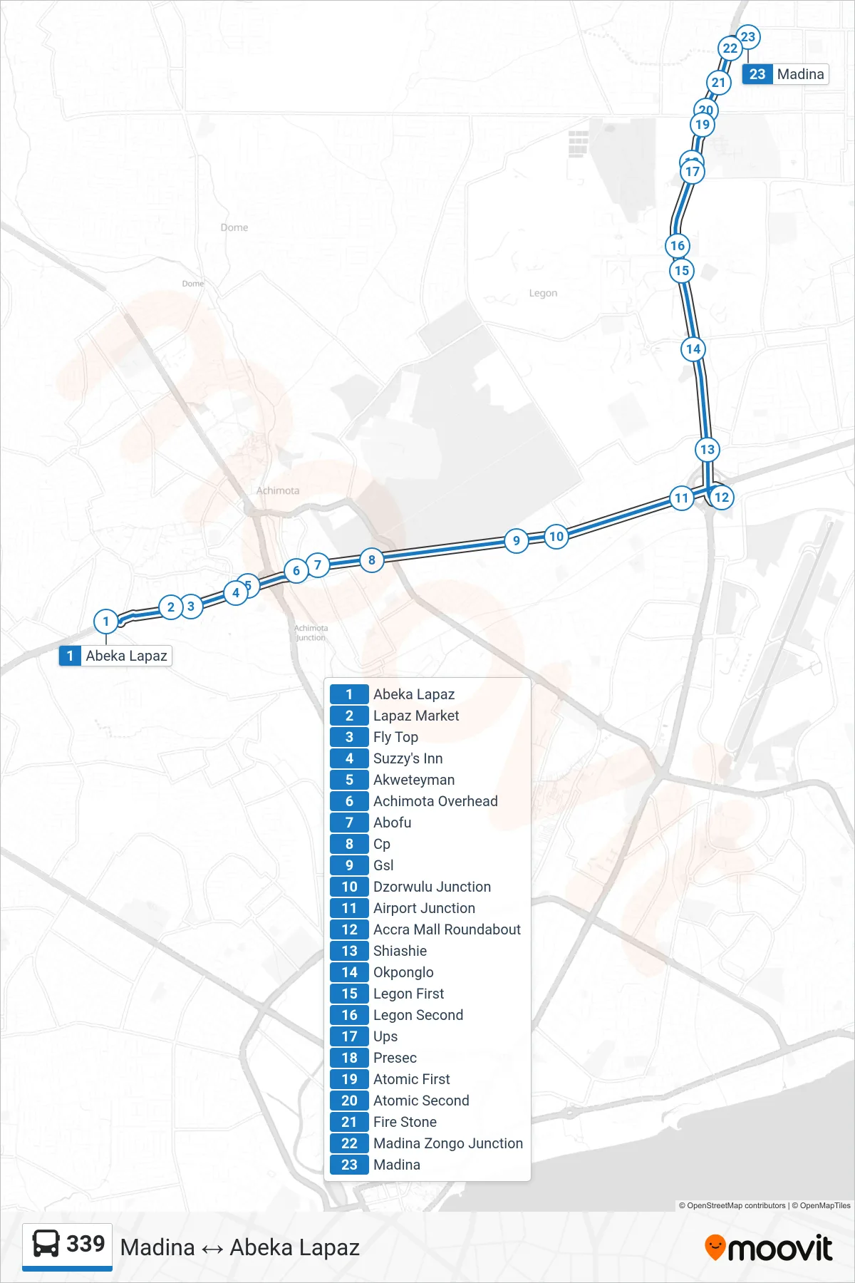 339 bus Line (Madina) route and stops on a map