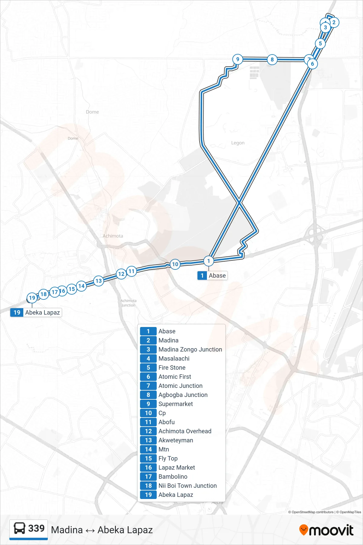 339 bus Line (Abeka Lapaz) route and stops on a map