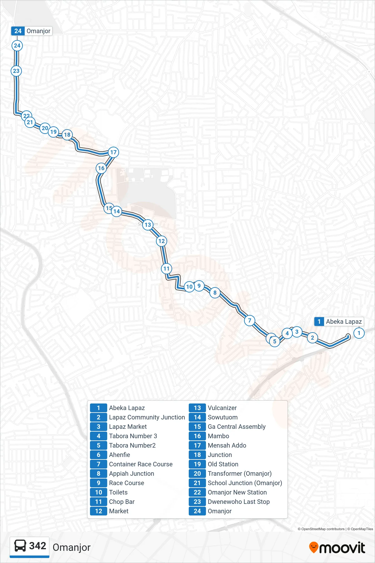 342 bus Line (Omanjor) route and stops on a map