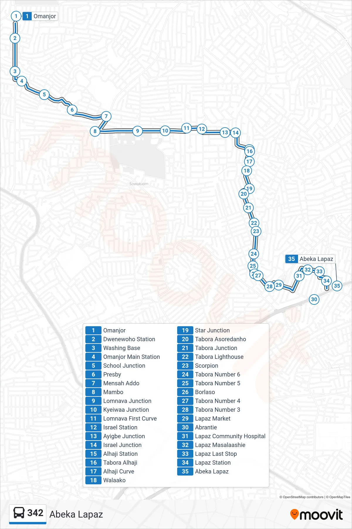 342 bus Line (Abeka Lapaz) route and stops on a map