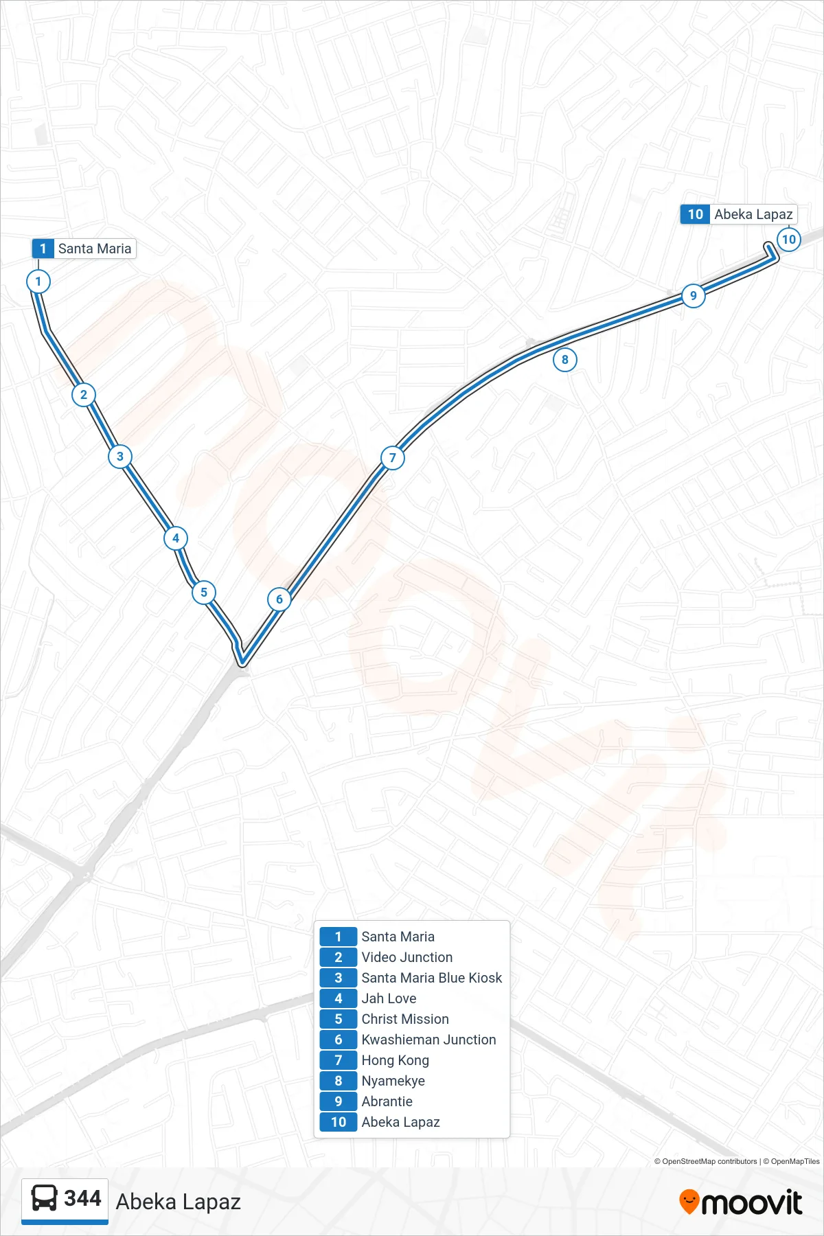 344 bus Line (Abeka Lapaz) route and stops on a map