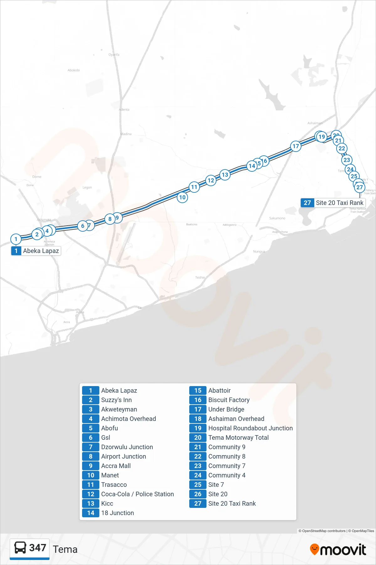 347 bus Line (Tema) route and stops on a map