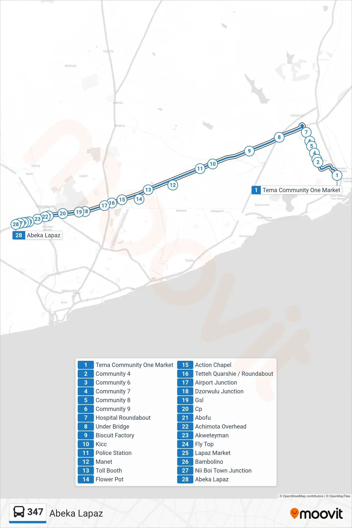 347 bus Line (Abeka Lapaz) route and stops on a map