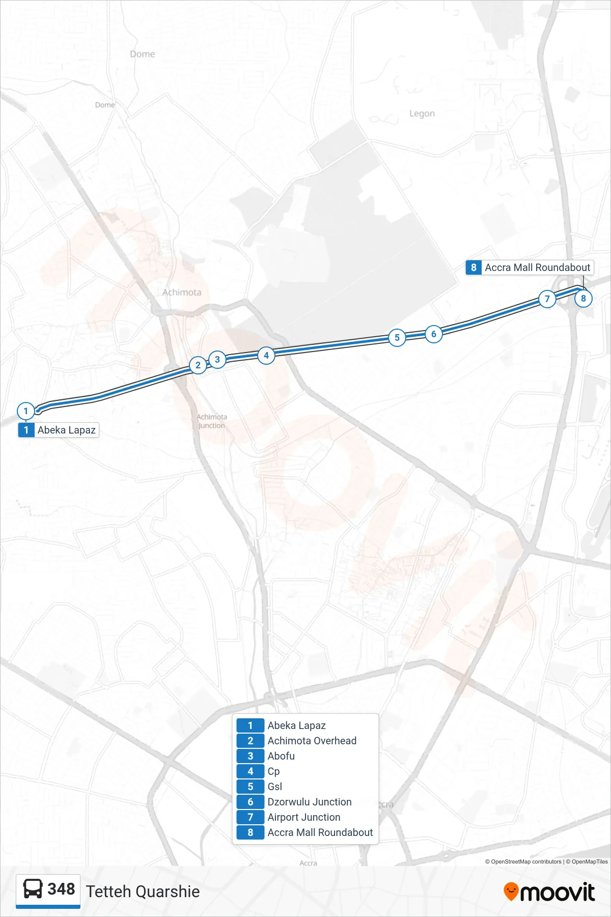 348 bus Line (Tetteh Quarshie) route and stops on a map