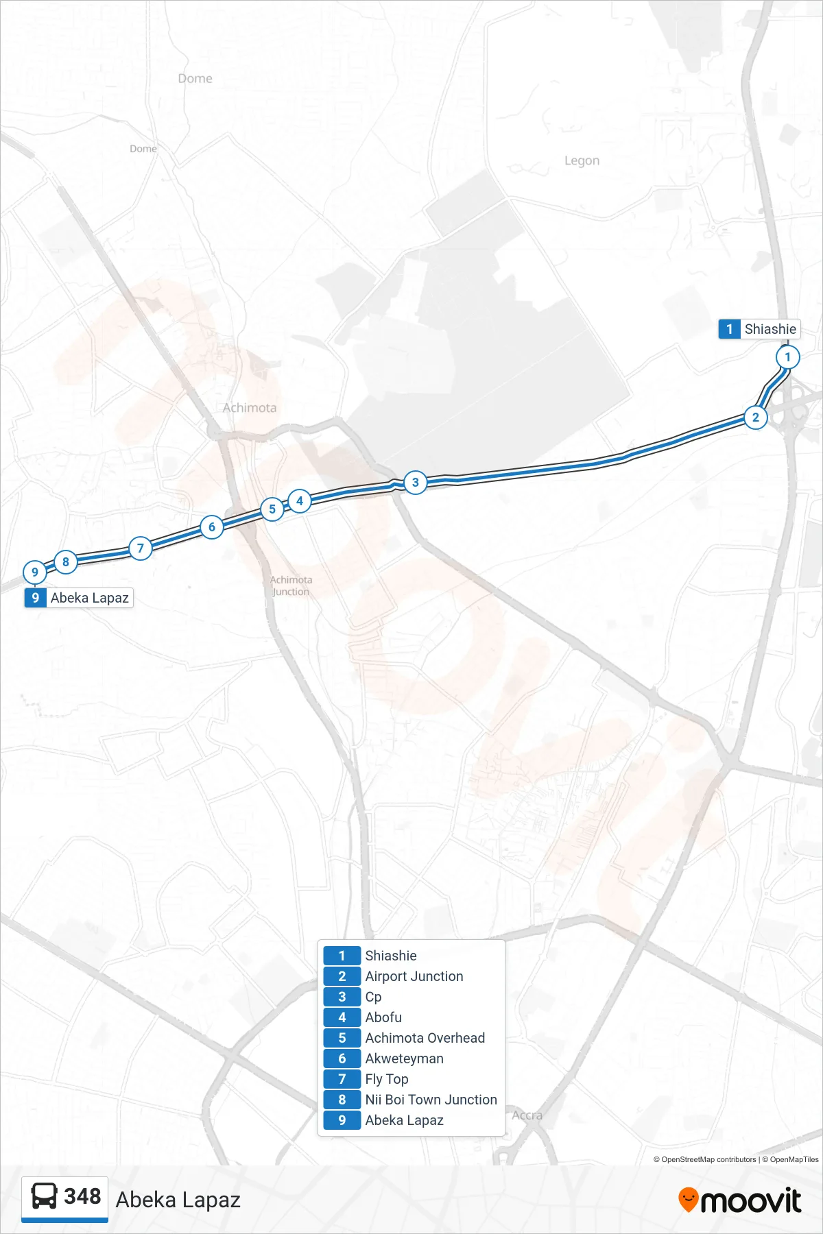 348 bus Line (Abeka Lapaz) route and stops on a map