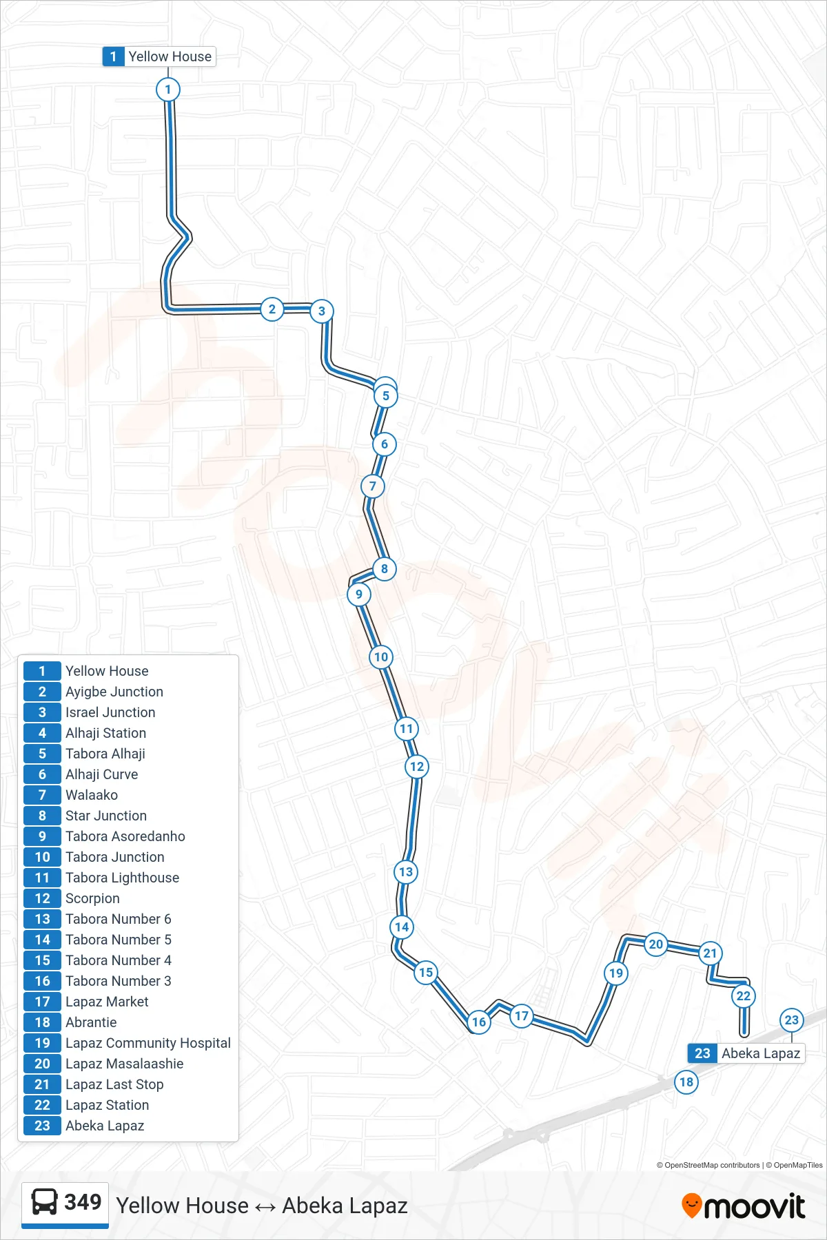 349 bus Line (Abeka Lapaz) route and stops on a map