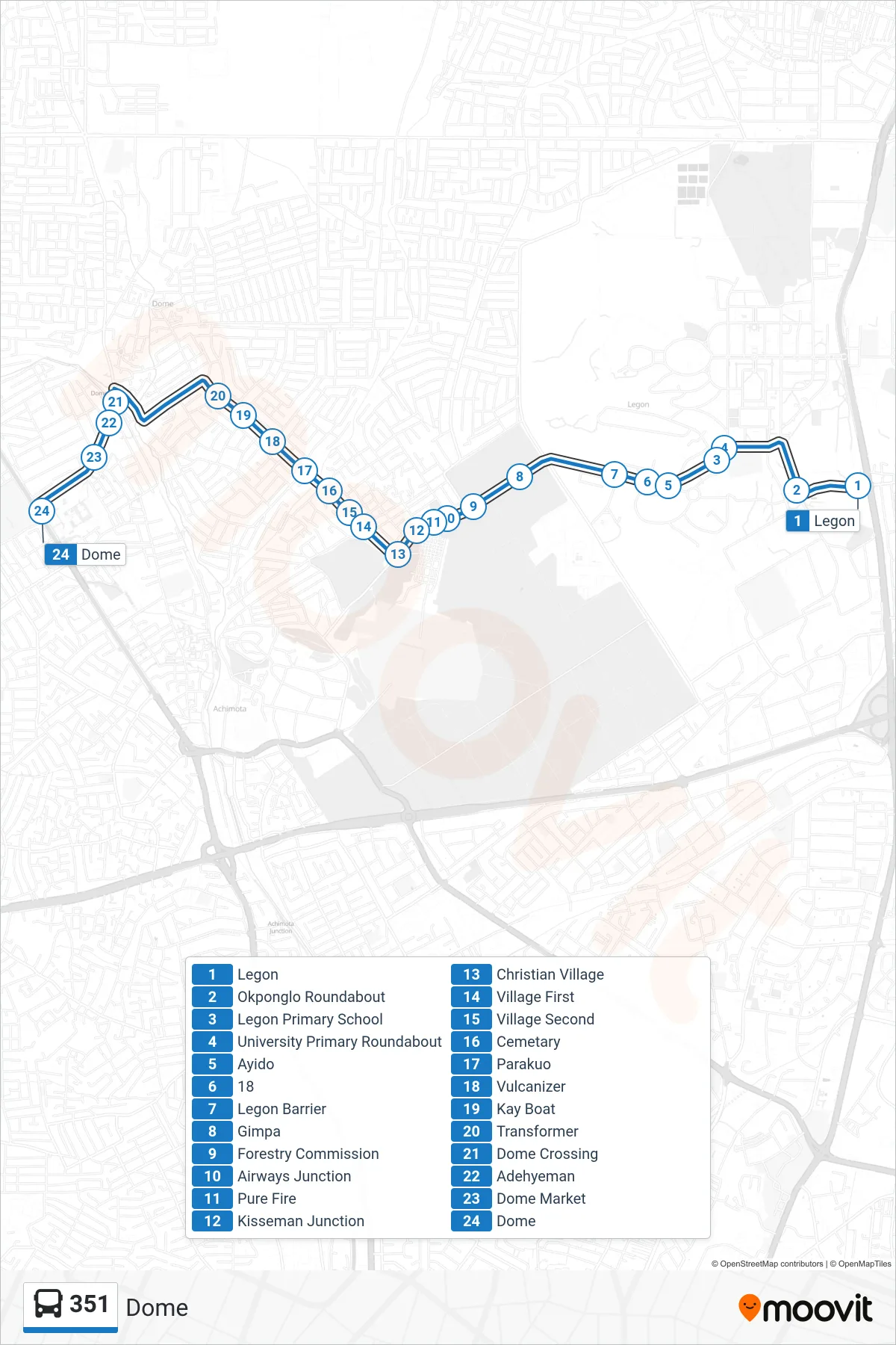 351 bus Line (Dome) route and stops on a map