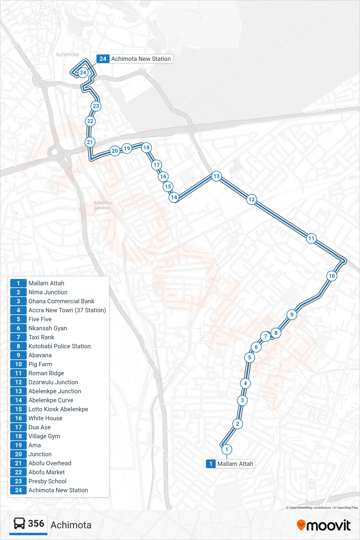356 bus Line (Achimota) route and stops on a map