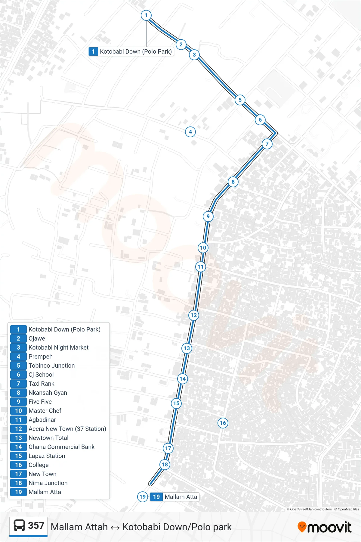 357 bus Line (Mallam Attah) route and stops on a map