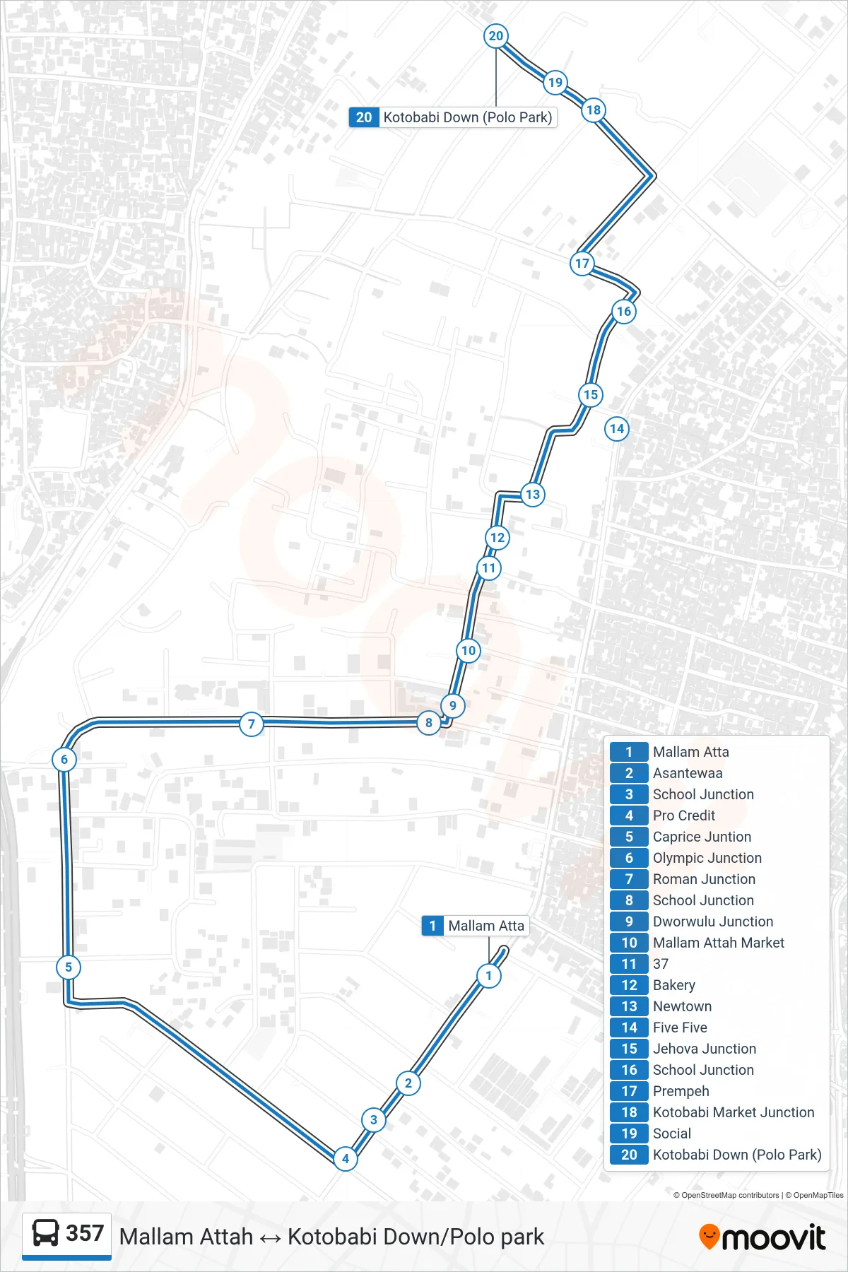 357 bus Line (Kotobabi Down/Polo Park) route and stops on a map