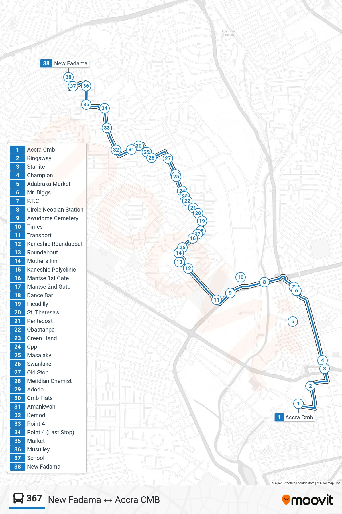 367 bus Line (New Fadama) route and stops on a map