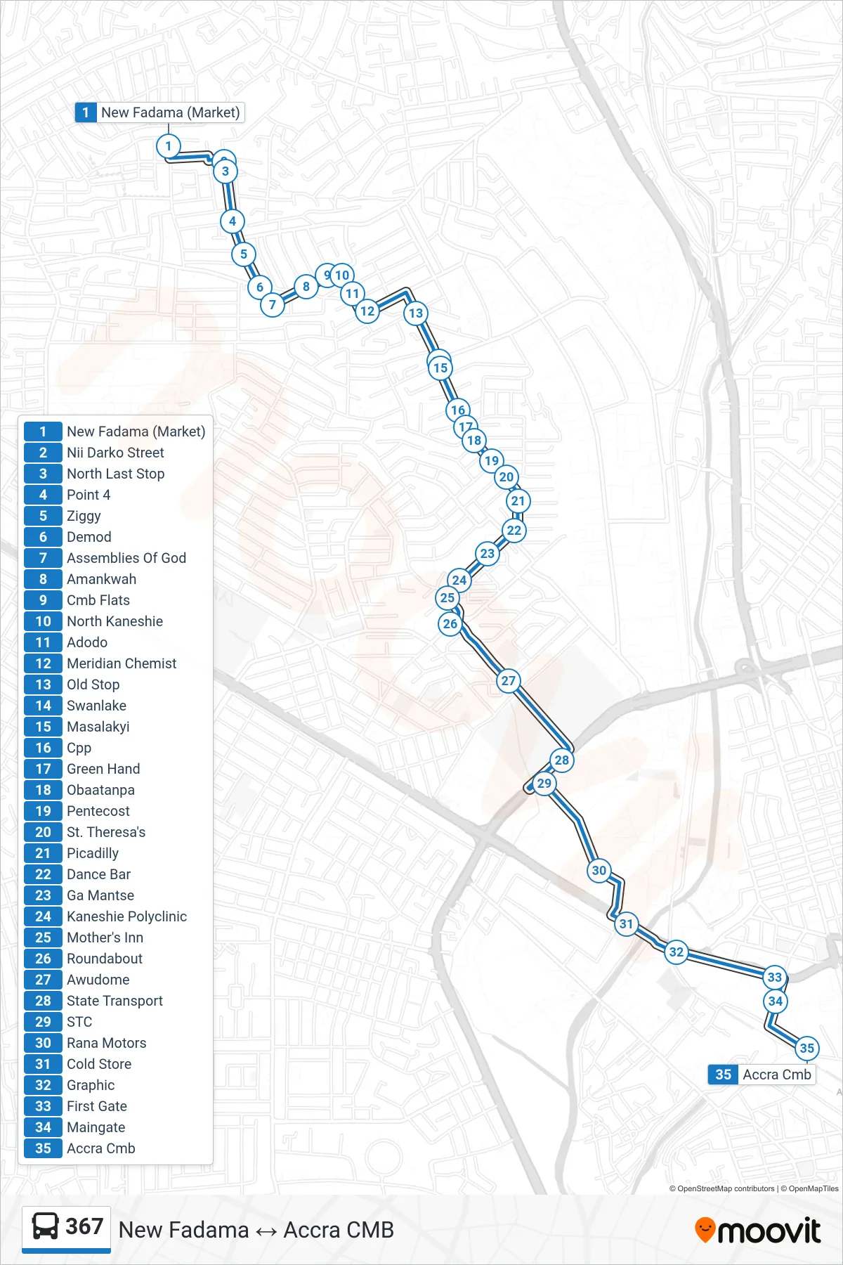 367 bus Line (Accra Cmb) route and stops on a map
