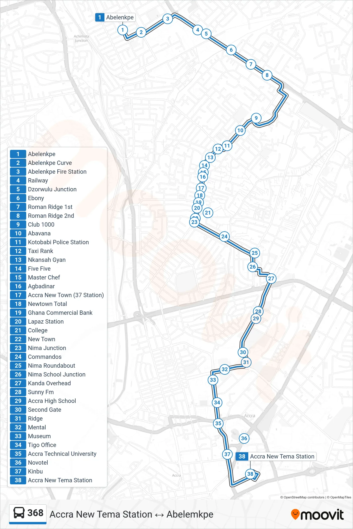 368 bus Line (Accra New Tema Station) route and stops on a map