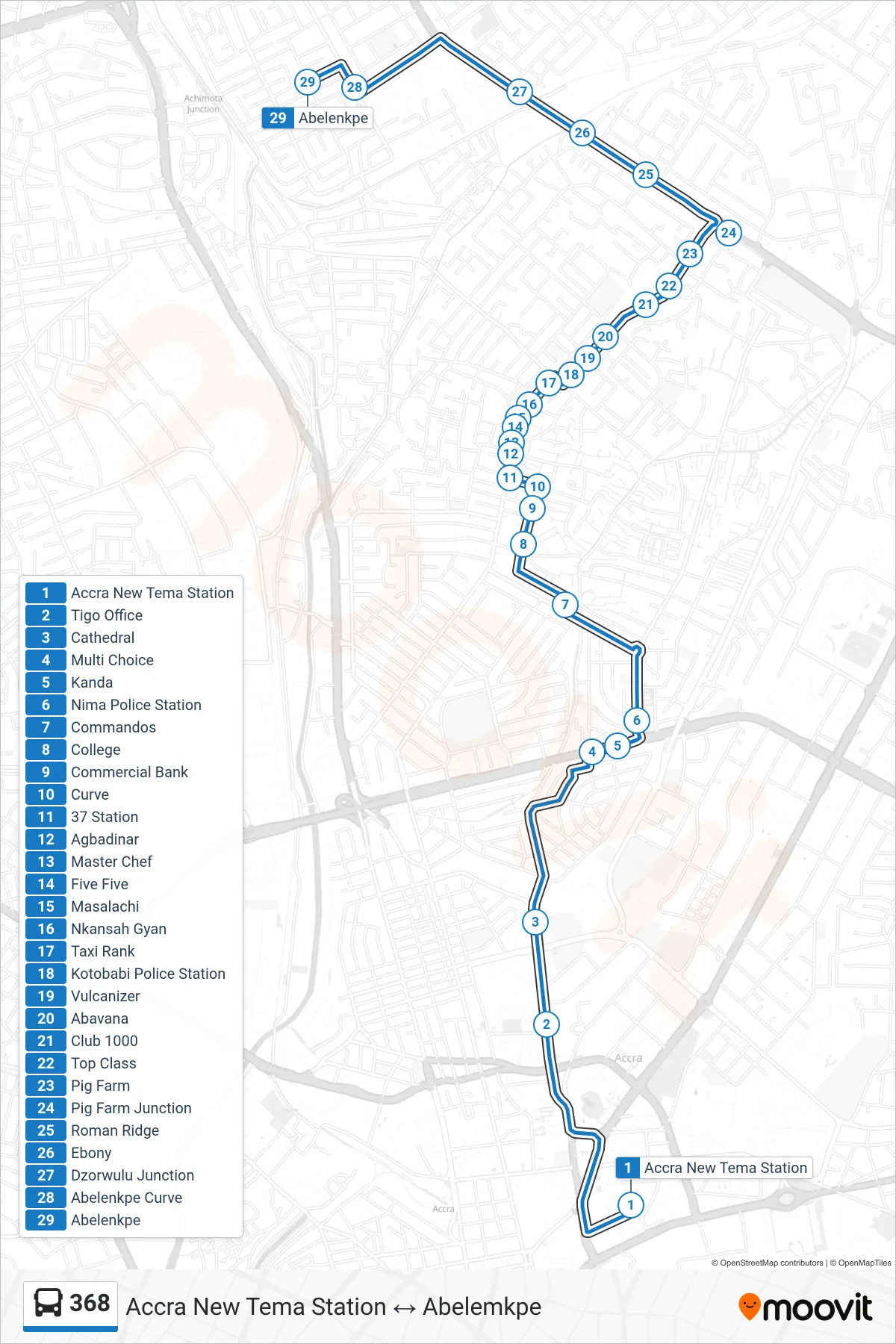 368 bus Line (Abelemkpe) route and stops on a map