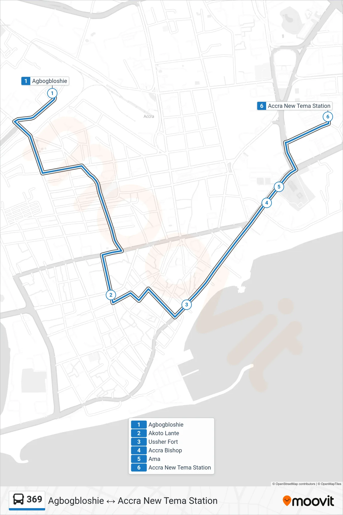 369 bus Line (Accra New Tema Station) route and stops on a map