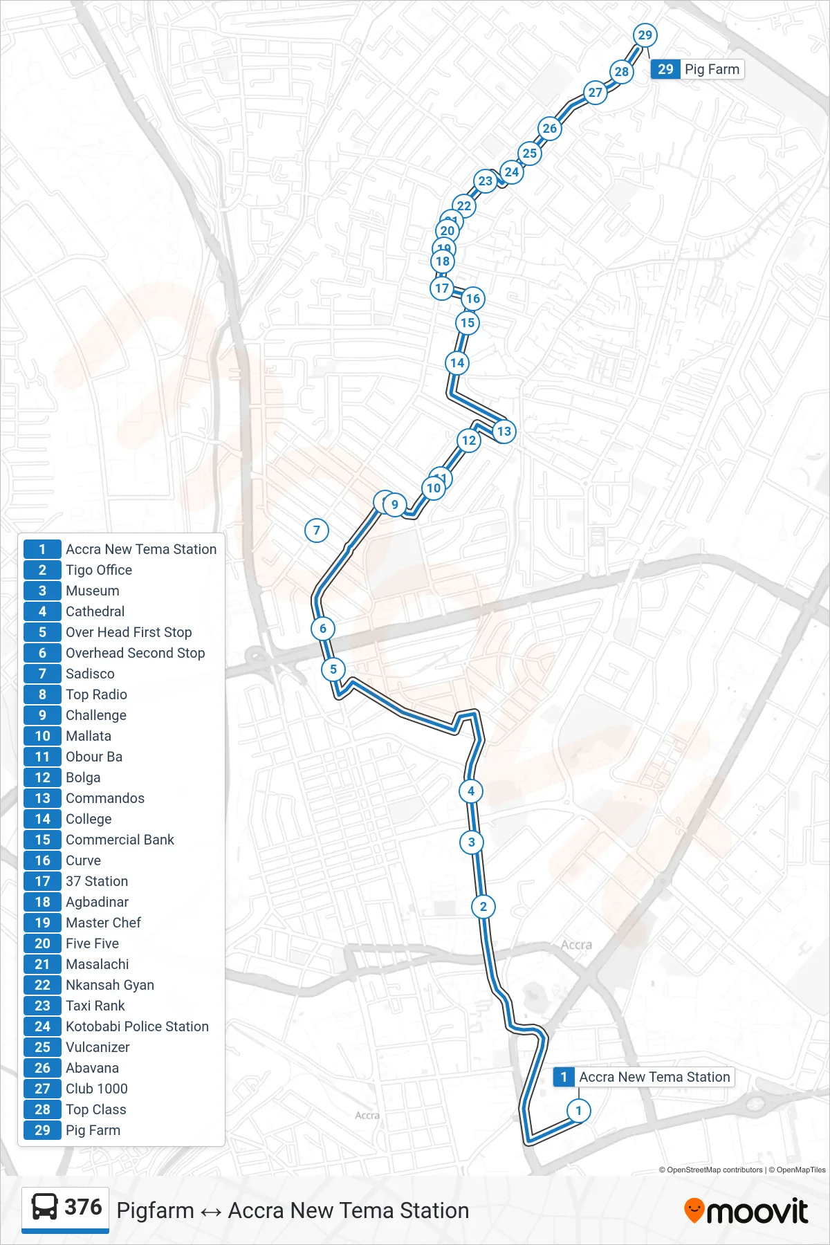 376 bus Line (Pigfarm) route and stops on a map