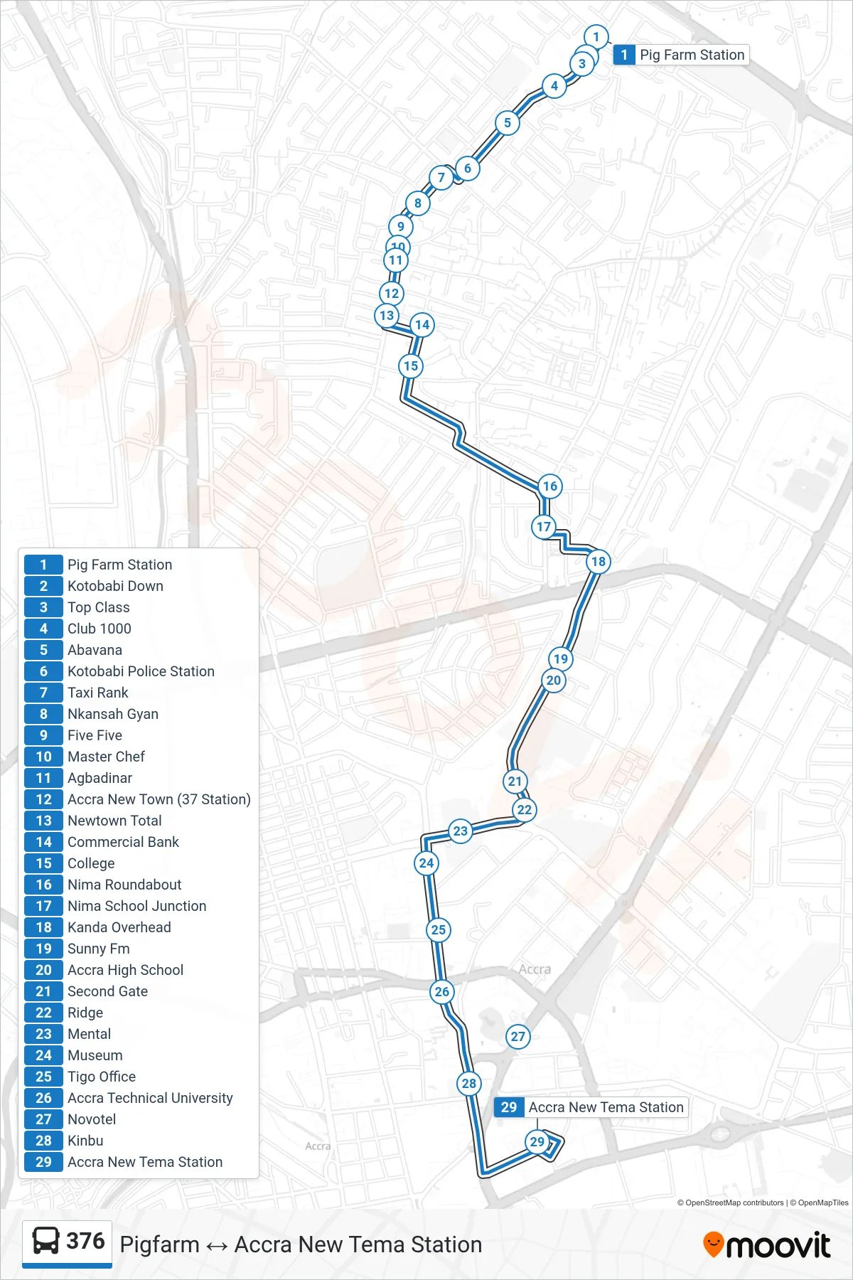 376 bus Line (Accra New Tema Station) route and stops on a map