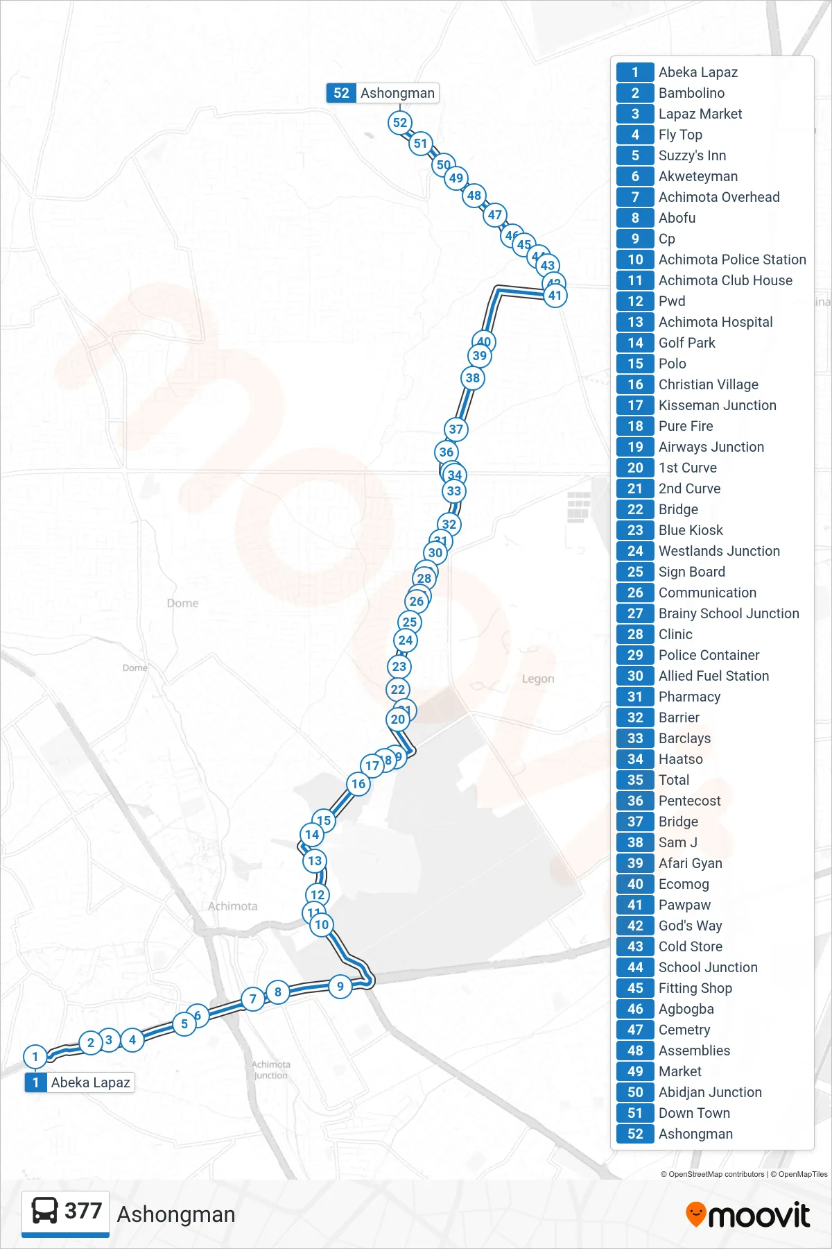 377 bus Line (Ashongman) route and stops on a map