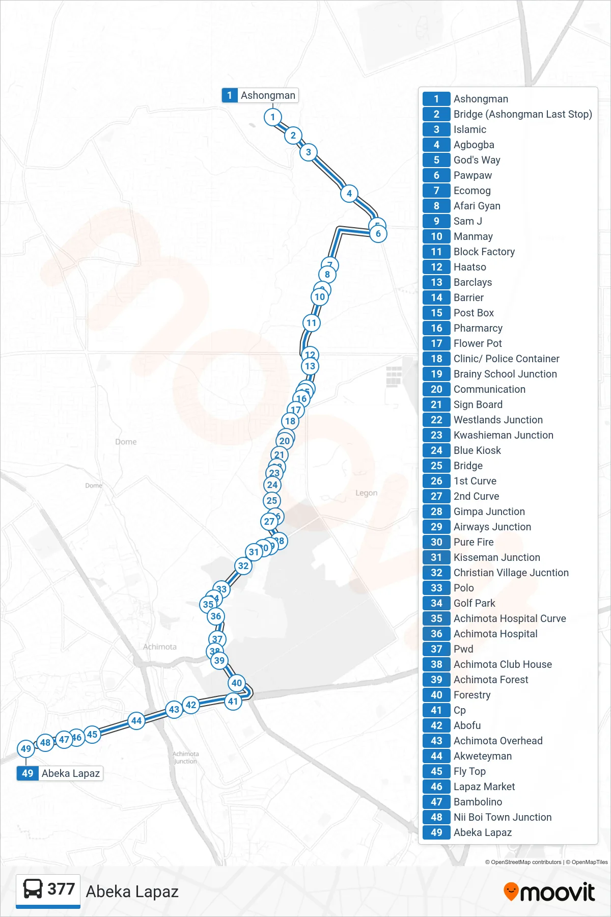 377 bus Line (Abeka Lapaz) route and stops on a map