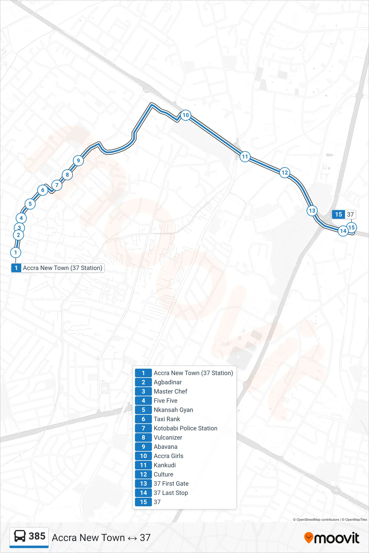 385 bus Line (37) route and stops on a map