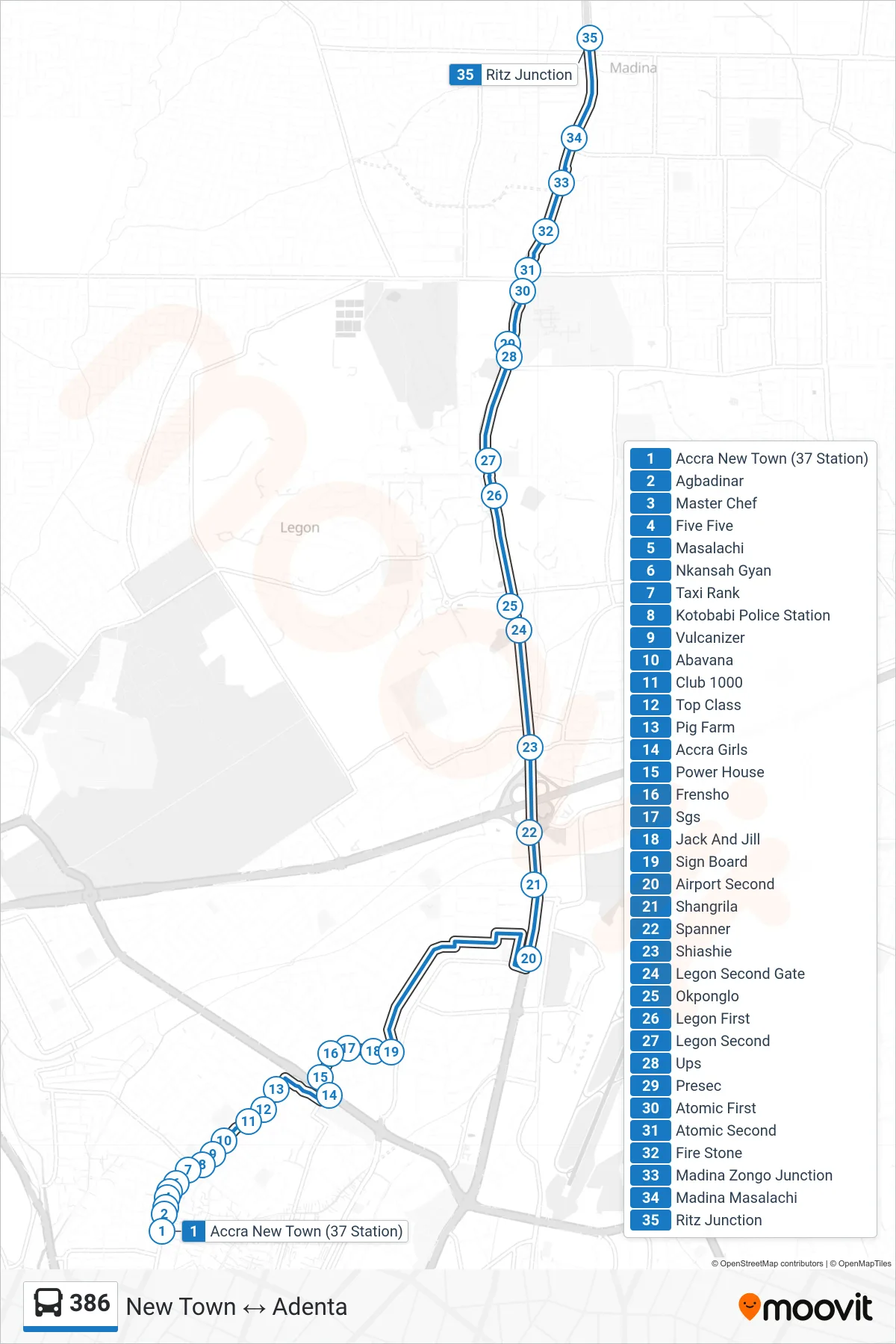 386 bus Line (Adenta) route and stops on a map