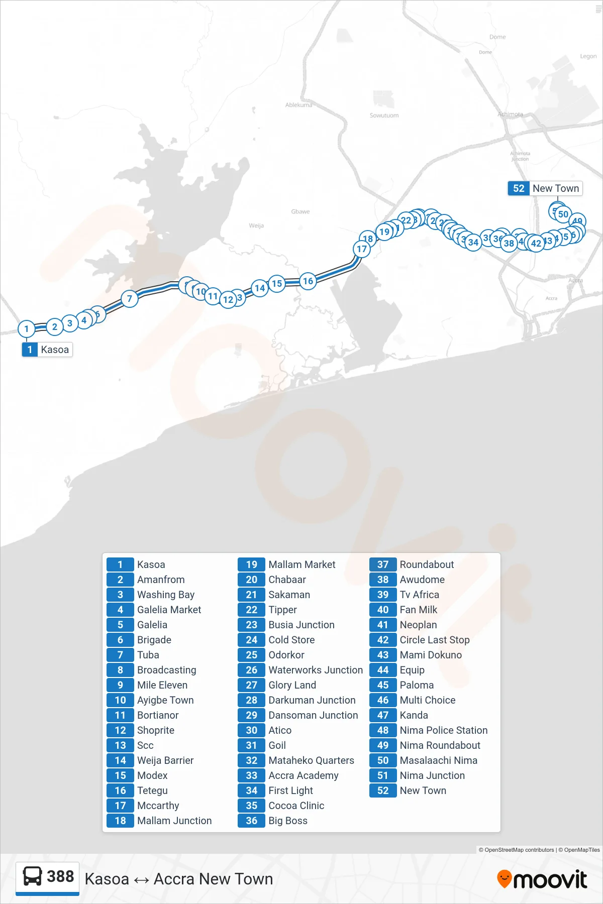 388 bus Line (Accra New Town) route and stops on a map