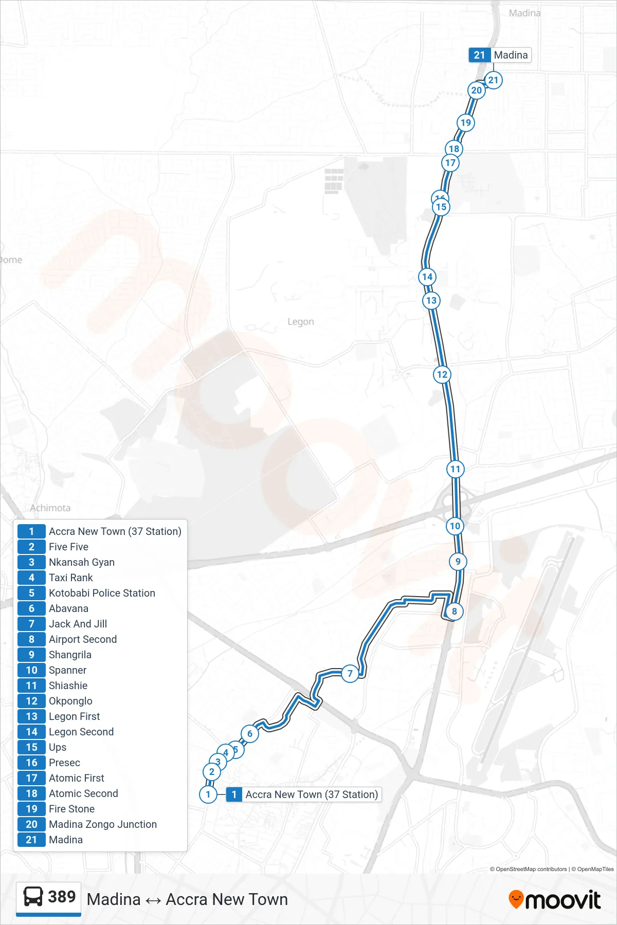 389 bus Line (Madina) route and stops on a map
