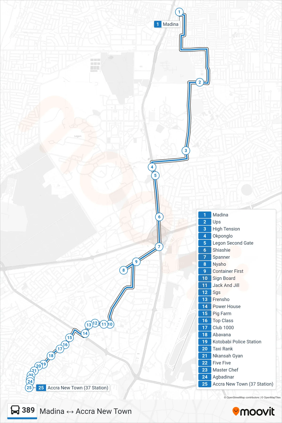389 bus Line (Accra New Town) route and stops on a map