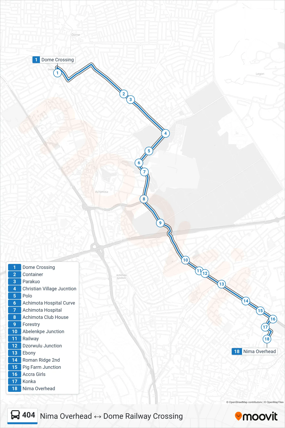 404 bus Line (Nima Overhead) route and stops on a map