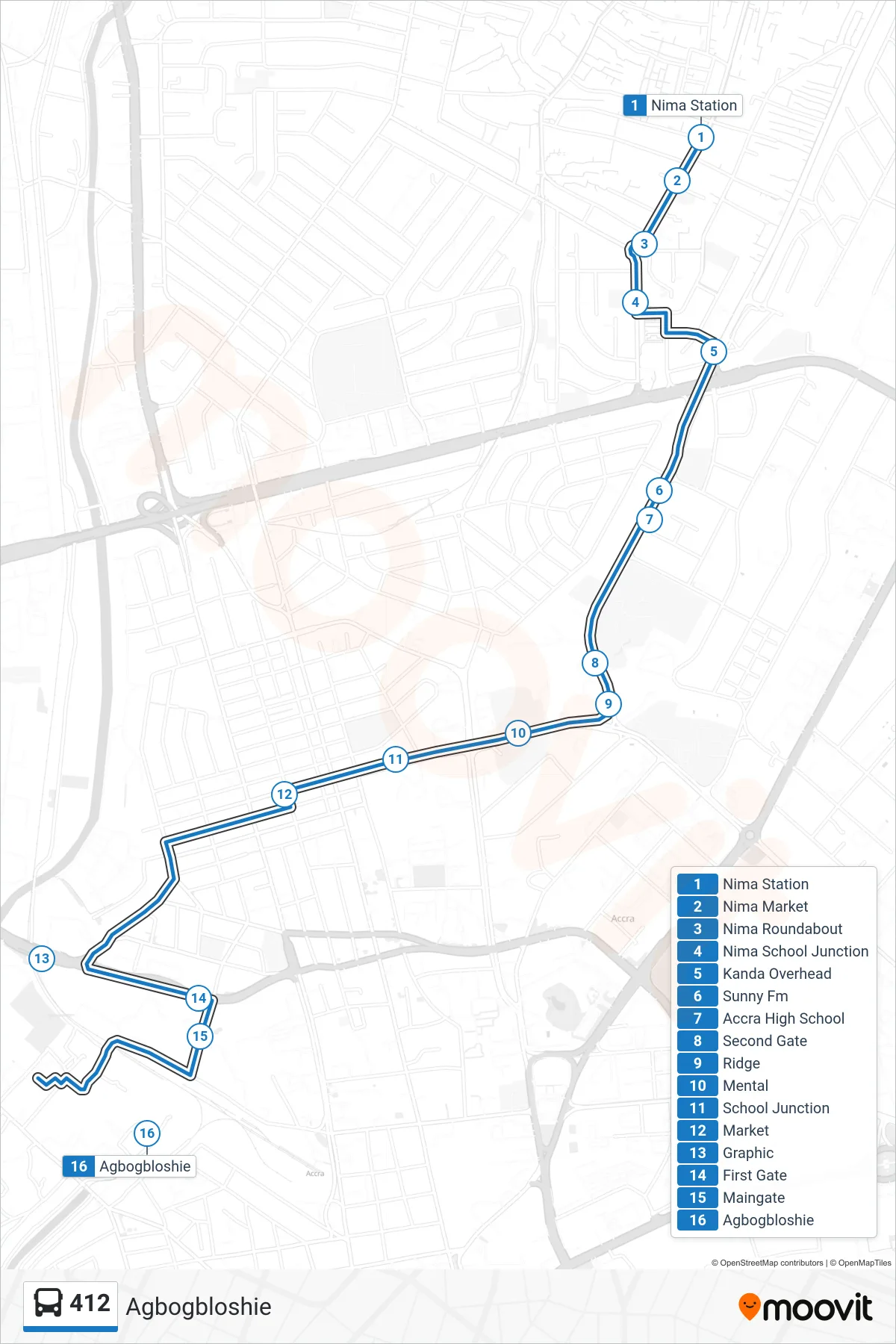 412 bus Line (Agbogbloshie) route and stops on a map