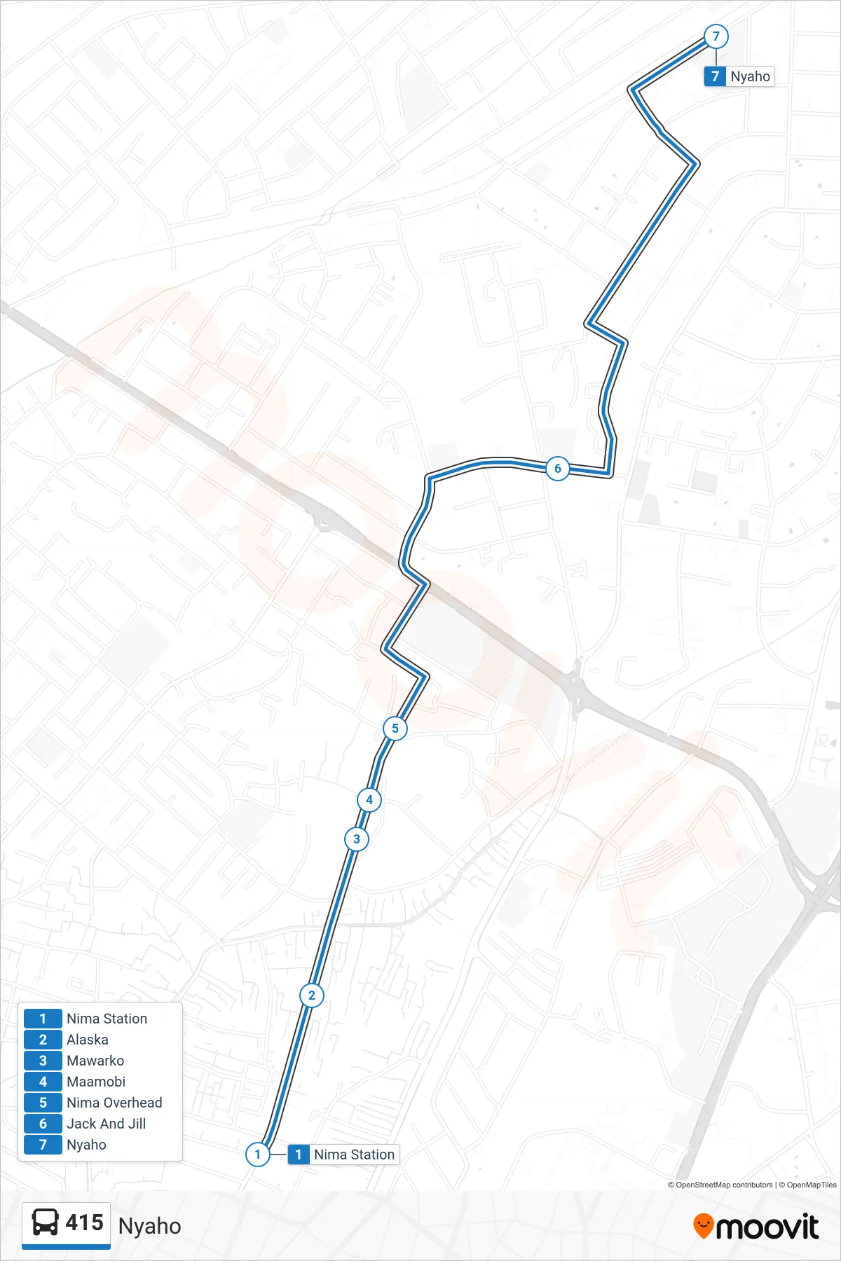 415 bus Line (Nyaho) route and stops on a map