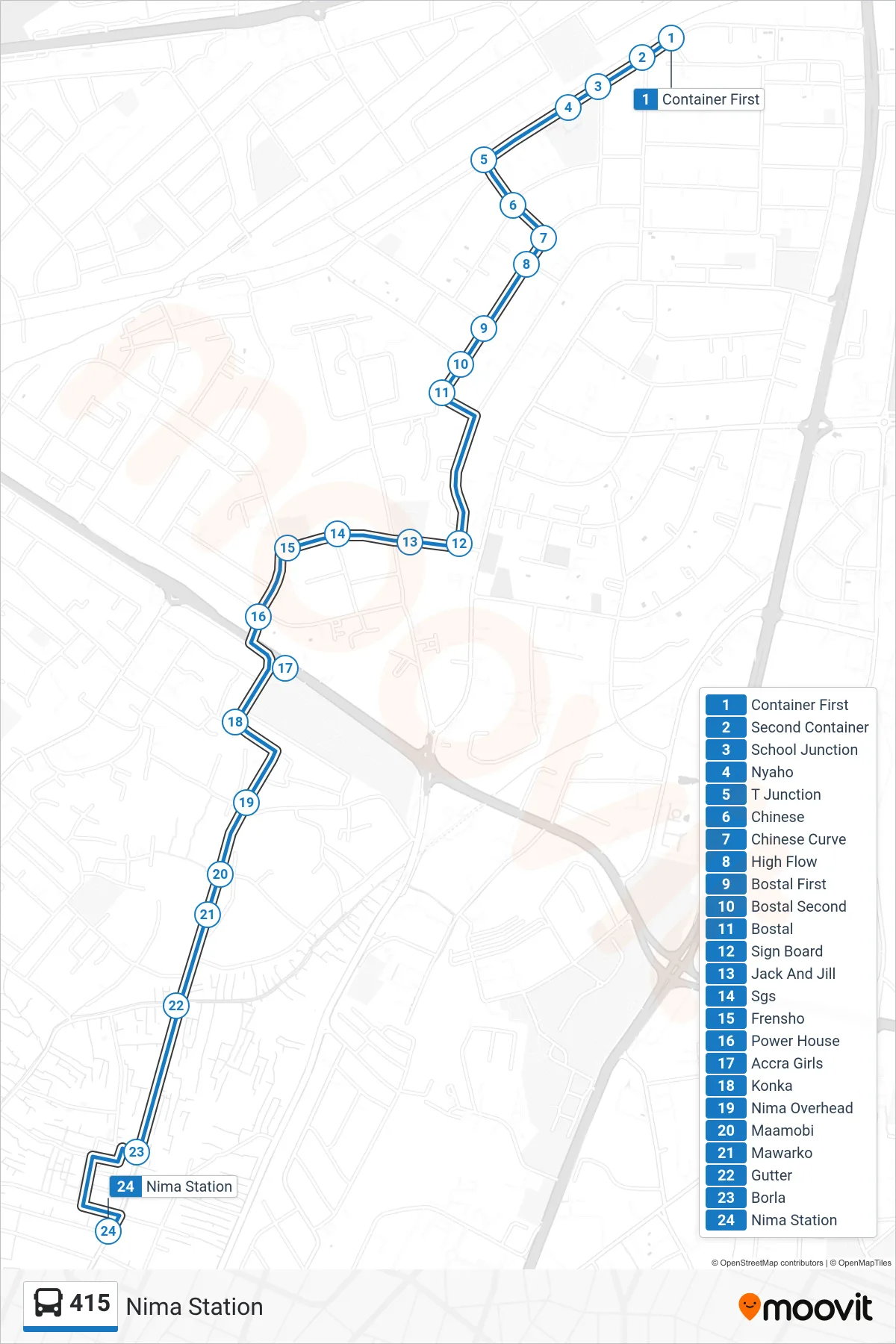 415 bus Line (Nima Station) route and stops on a map