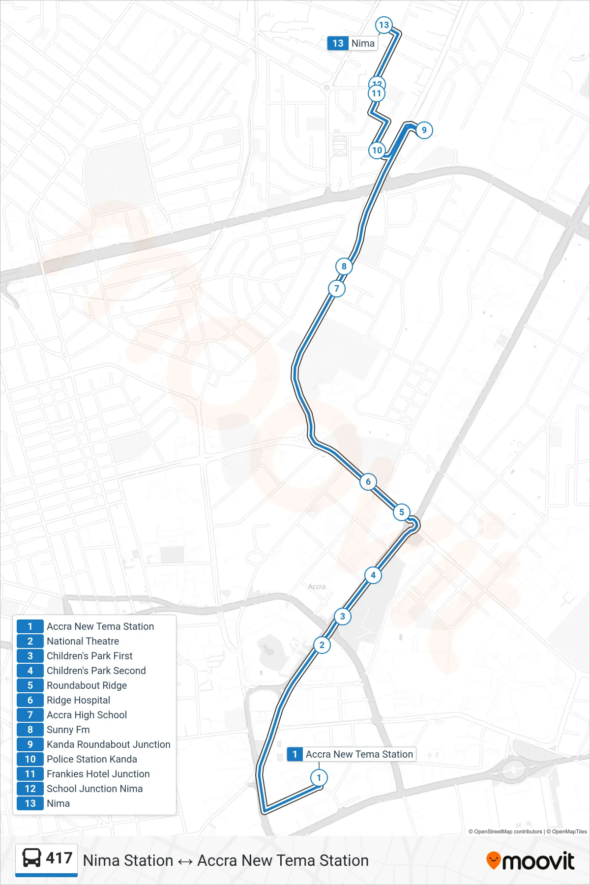 417 bus Line (Nima Station) route and stops on a map