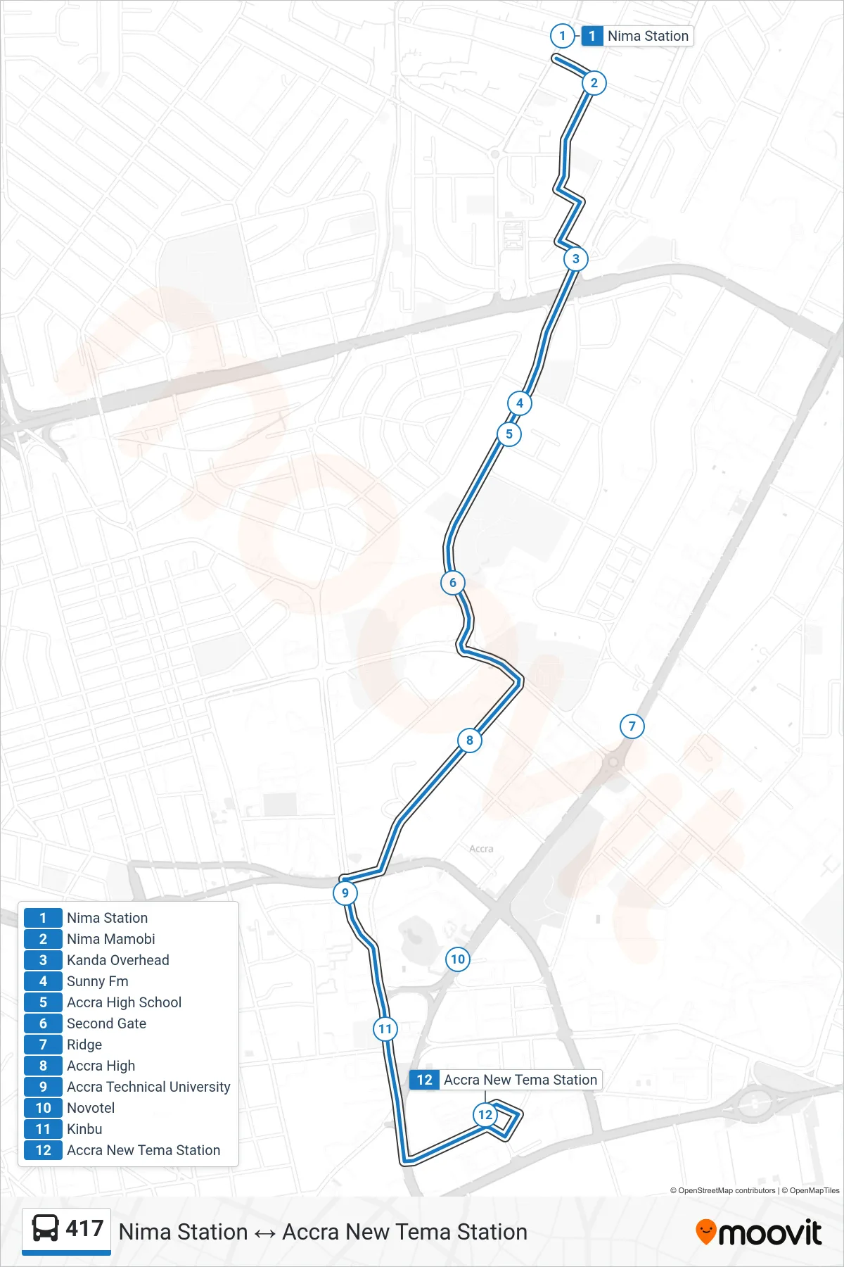 417 bus Line (Accra New Tema Station) route and stops on a map