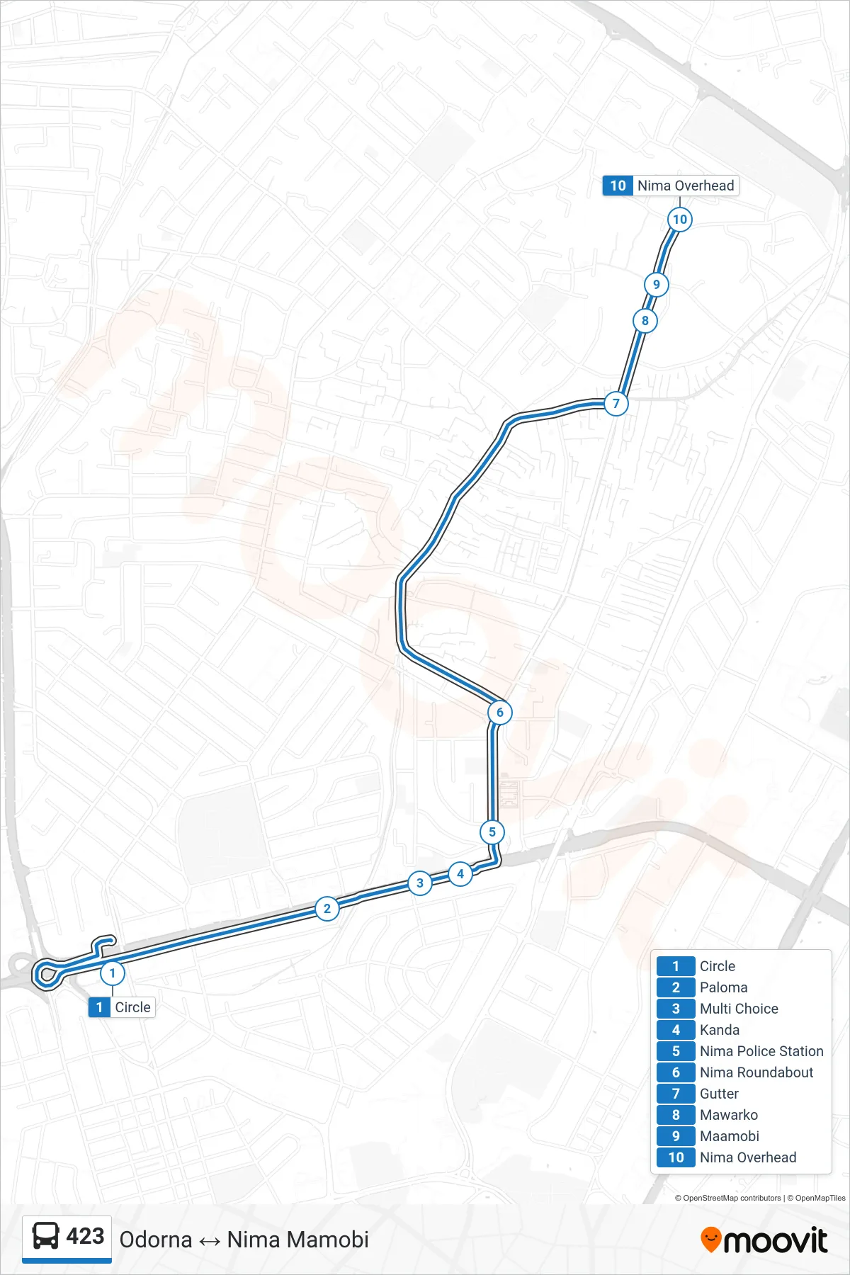 423 bus Line (Nima Mamobi) route and stops on a map